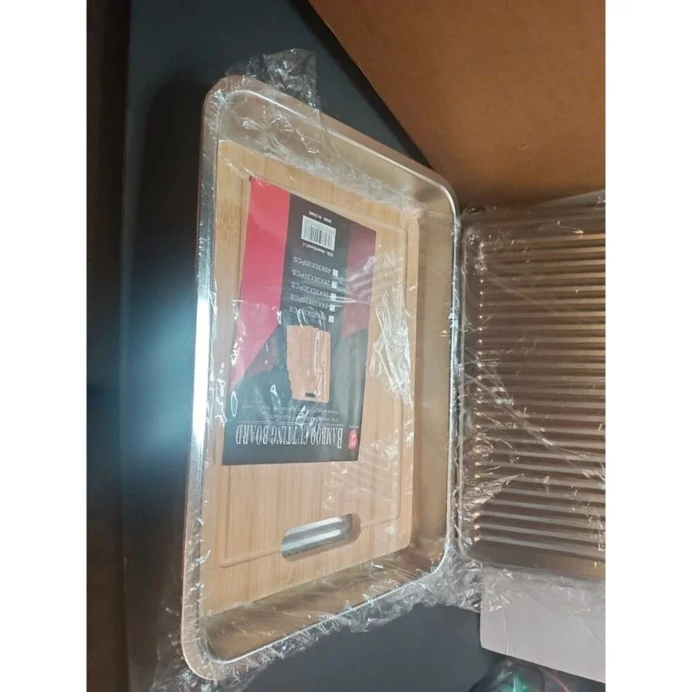 NIB Stainless Steel BBQ Grill Prep & Serve Tray Set with Lid, Rack & Board
